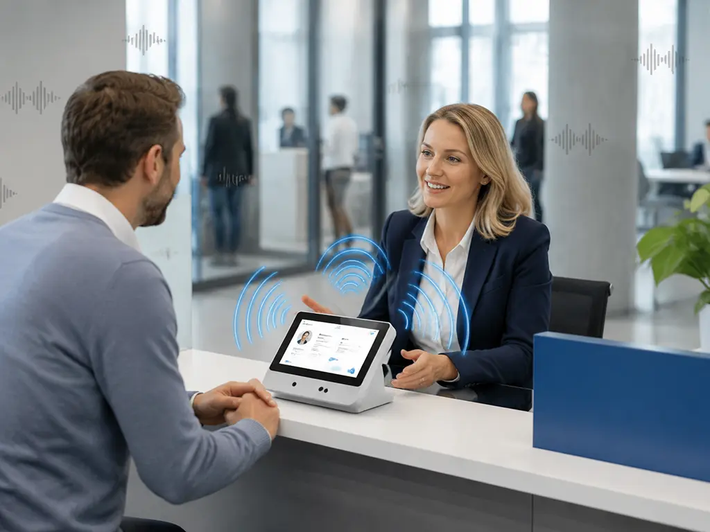 Smart terminal at a European service counter using two-way voice pickup and noise reduction for staff and visitor communication