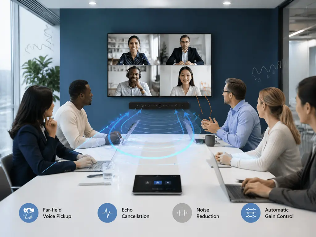 Remote participants hear the room through your audio front end.